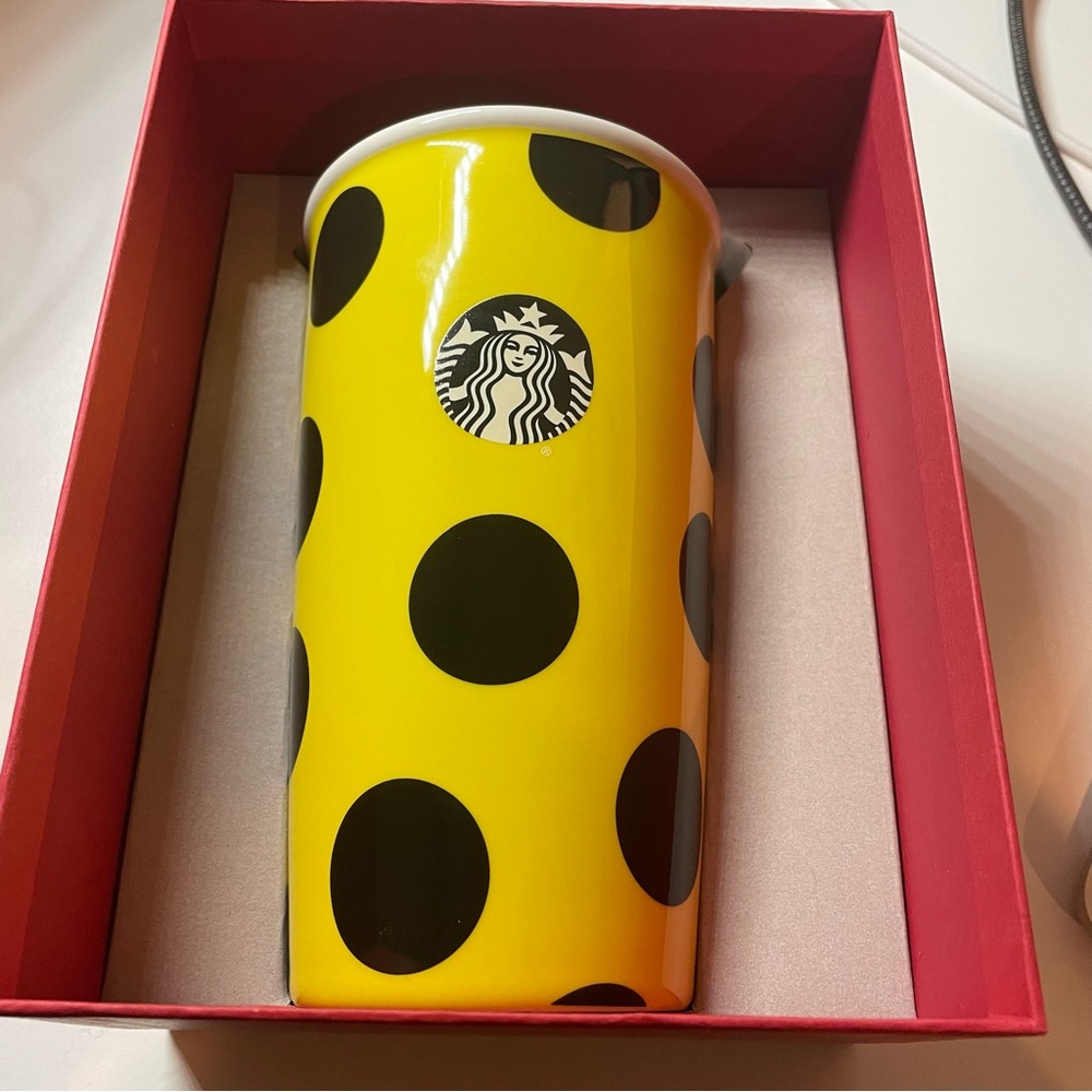 Brand New Starbucks Yellow Black Polka Dot Ceramic Mug Tumbler with Box 12 oz